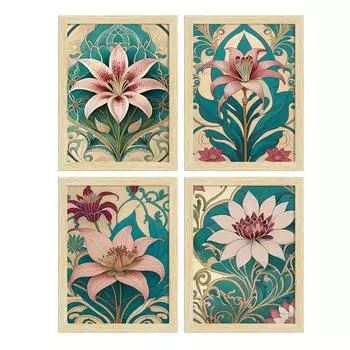 Бумажные цветы лилии, ботанические картины с рамкой для домашнего декора, настенная живопись для гостиной, многоцветная, набор из 4 шт. Set of 4 разноцветный