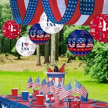 Бумажный фонарь Праздничное украшение ко Дню независимости США Тематический узор Подвесной бумажный фонарь Вечеринка Домашний декор красный