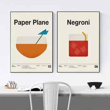Бумажный самолет Негрони Мохито Спритц Коктейльная настенная живопись на холсте Плакаты на скандинавскую тему и печатные бары 21cm30cm NoFrame