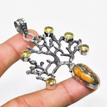 Ювелирная подвеска с яшмой Bumble Bee и драгоценным камнем цитрином 925 пробы, посеребренная, 2,84 дюйма 2.84 жёлтый