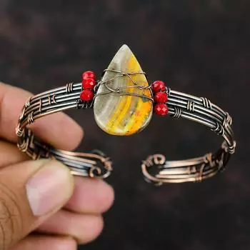 Браслет-манжета из яшмы шмеля, медный браслет из красных коралловых бусин, браслет из медной проволоки, регулируемый браслет-манжета ручной работы с драгоценными камнями для подарка