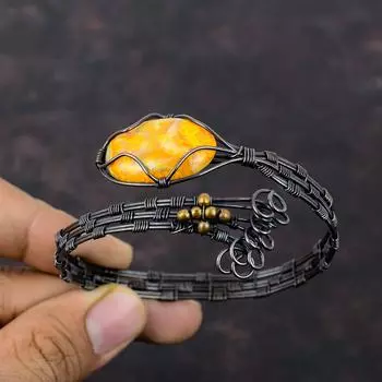 Bumble Bee Jasper Gemstone Bangle Copper Wire Wrapped Cuff Bracelet Handmade Jewelry Adjustable Bangle Copper Wire Wrap Jewelry Gift For Her