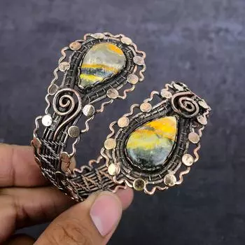 Bumble Bee Jasper Gemstone Handmade Copper Wire Wrap Cuff Bangle Adjustable h4B36