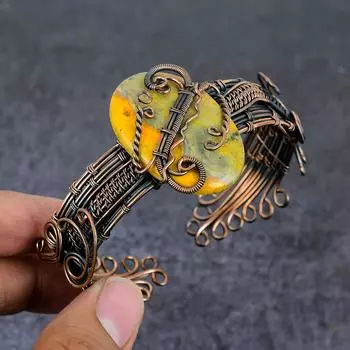 Bumble Bee Jasper Gemstone Handmade Copper Wire Wrap Cuff Bangle Adjustable H0w28
