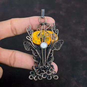 Bumble Bee Jasper Pendant Copper Wire Wrapped Rainbow Moonstone Pendant Deer Face Jewelry Handmade Dainty Pendant Gemstone Pendant For Gifts