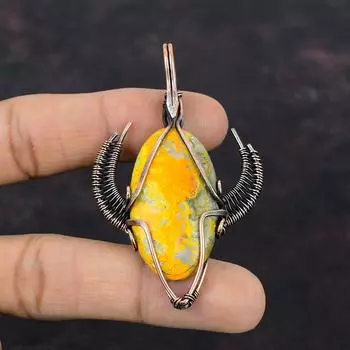 Bumble Bee Jasper Pendant Copper Wire Wrapped Pendant Handmade Gemstone Pendant Bull Face Shape Pendant Copper Wire Jewelry Gift For Friend