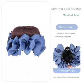 Bun Wig Female High Tie Bows Bud-like Hair Style Updo Gadget Grip Artificial Extra Hair Volume Wig Hair Band [Blue] Denim Bud ball head-dark brown