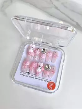 Bunny Nail Wearing Cute Cartoon Art Imitation Porcelain Rabbit Pink Camellia XS