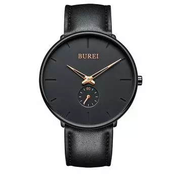 [BUREI] Men s Black Simple Stylish Popular Ranking Men s Black Watch Cowhide Belt Watch R
