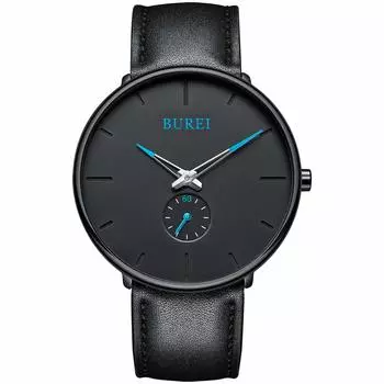 [BUREI] Men s Black Simple Stylish Popular Ranking Men s Black Watch Cowhide Belt Watch O