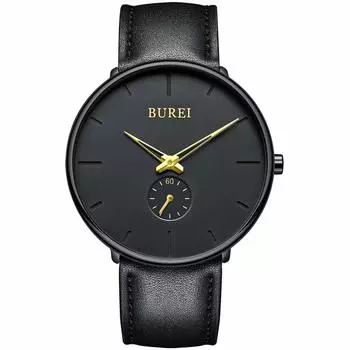 [BUREI] Men s Black Simple Stylish Popular Ranking Men s Black Watch Cowhide Belt Watch Q