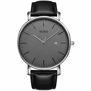 [BUREI] Men s Leather Brand Simple Waterproof Analog Business Men s Arm Watch Popular Date Quartz Silver Gray Stylish Thin Watch