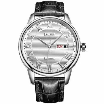 BUREI Men s Watch Leather Popular Brand Analog Roman Numeral Simple Waterproof Men s Watch Stylish Commuting Business Men s Watch Silver White