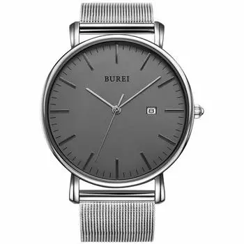 [BUREI] Men s Watch Simple Waterproof Analog Popular Watch Brand Stylish Men s Milanese Mesh Belt Silver Gray Watch [Parallel Import]
