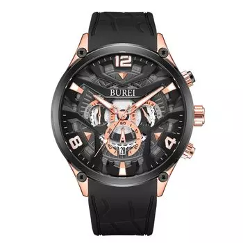 [BUREI] Мужские аналоговые кварцевые часы мужские водонепроницаемые часы с хронографом и уретановым ремешком черные часы мужские подарочные