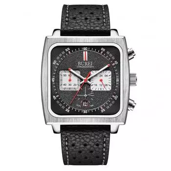[BUREI] Мужские аналоговые водонепроницаемые кварцевые часы с хронографом и датой, прямоугольный циферблат, деловые, формальные, мужские, черный кожаный ремешок, лимитированная модель, подарок