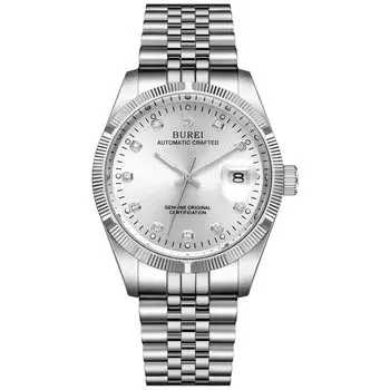 BUREI Мужские автоматические часы, водонепроницаемые, стильные, дата, аналоговые часы, механические мужские, популярные, мужские серебряные, брендовые, простые часы