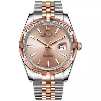 [BUREI] Мужские автоматические механические часы простые деловые водонепроницаемые серебряные розово-золотые часы мужские модные настоящие A