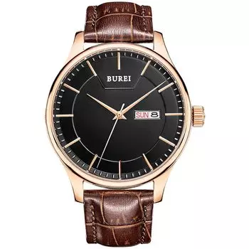 BUREI Мужские часы из натуральной кожи Популярный бренд Аналоговые Простые водонепроницаемые мужские часы Стильные деловые мужские часы для поездок на работу Черные розово-золотые часы