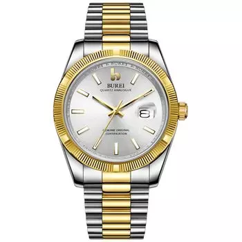 BUREI Мужские часы класса люкс Аналоговые кварцевые часы Серебряный циферблат Календарь Дисплей Сапфировое стекло Линза Двухцветный браслет из нержавеющей стали