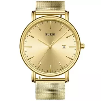 [BUREI] Мужские часы простые водонепроницаемые аналоговые популярные часы бренда стильные мужские миланские сетчатые золотые часы мужские часы