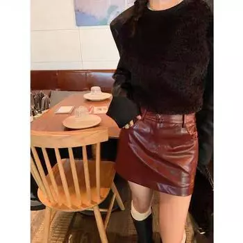 Burgundy A-Line PU Leather Skirt: High Waist, Slim Fit, 2024 Autumn/Winter Collection 2XL бордовый