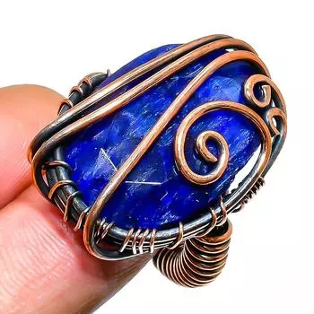 Кольцо с бирманским сапфиром из драгоценного камня ручной работы из медной проволоки, размер 8,5