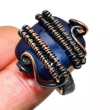 Кольцо с бирманским сапфиром из драгоценного камня ручной работы из медной проволоки, размер 7,5