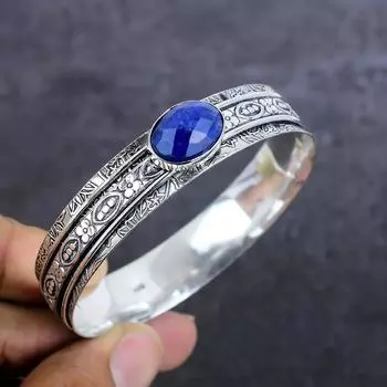 Burmise Sapphire(Simulated) Gemstone Handmade 925 Sterling Silver Cuff Bangle 7 O6K44