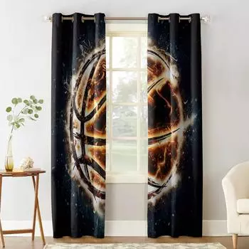Burning Basketball Yellow Flare Art Bedroom Kitchen Window Curtains Curtains For Living Room Decorative Items 135W x 60H(cm)