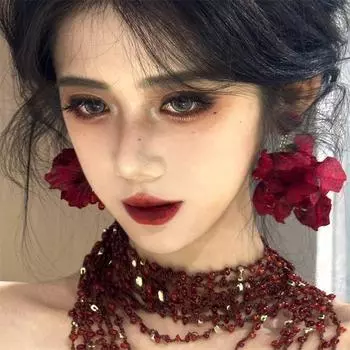 Burning Rose Exaggerated Wine Red Tassel Earrings Retro Classy Halloween Earrings Artificial Flower Earrings Wine Red Rose earrings