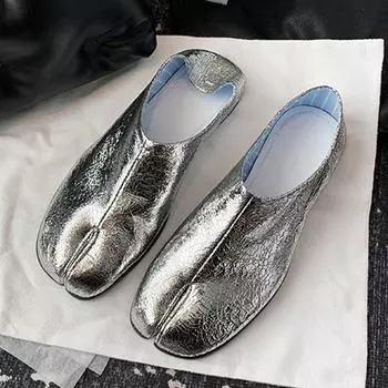 Burst Silver Tabi Shoes Women Split Toe Flats Spring Soft Loafers Female Slip-On Slides 35