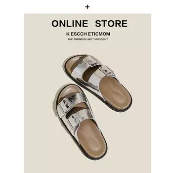Burst Silver Upgraded BK Shoes Leather Boken Shoes Men and Women Flat Couples Cork Cool Slippers Womens Summer Outside 35