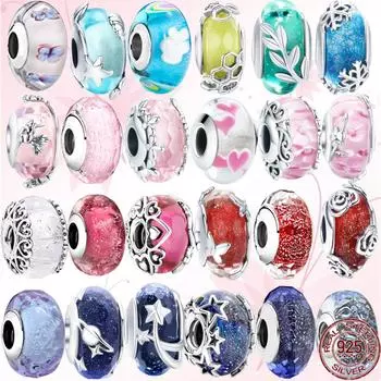 Бусина из муранского стекла, стерлингового серебра 925 пробы, розового, желтого, красного, синего и звездного океана, подвеска подходит для оригинального модного браслета, ювелирные изделия своими руками, подарок