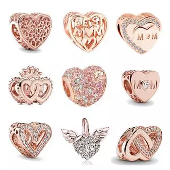 Бусина из розового золота для мамы, сверкающие бусины в виде сердечек от руки, очаровательные оригинальные модные браслеты, ювелирные изделия своими руками для женщин