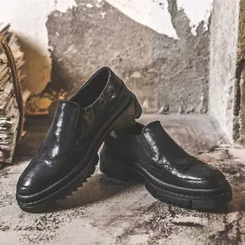 Business casual leather shoes gentleman style block carved men s shoes British style breathable trendy shoes retro shoes PX63 38 чёрный