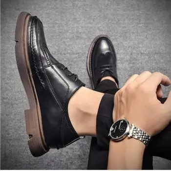 Business Casual Leather Shoes Men s Trend Versatile British Men s Brock Men s Shoes Korean Version Soft-soled Teen Small Leather Shoes 37 чёрный