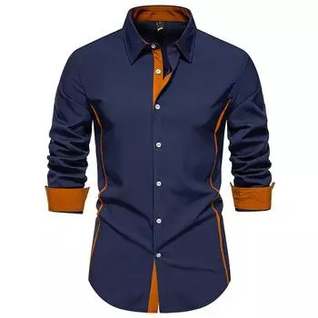 Business Casual Long Sleeve Shirt Men s Contrasting Splicing Placket Long Sleeve Shirt S