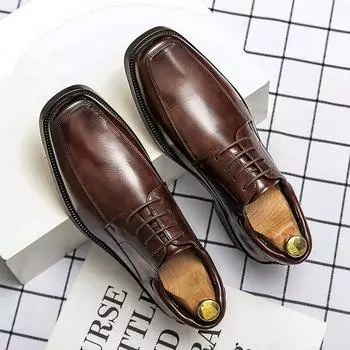 Business Men s Dress Shoes Square Toe Male High Quality Leather Shoes 2024 Lace Up Wedding Shoes Men Gentleman Derby Shoes 38 чёрный