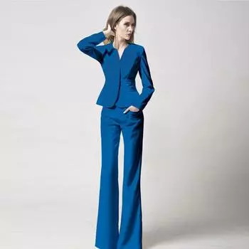 Business Wear Women s Pants Suit Minimalist Elegant Lake Blue Suit Loose Pants Elegant Silm Spring, Autumn and Winter Overalls Poseidon Blue (clothes + pants) Size 2 M/160