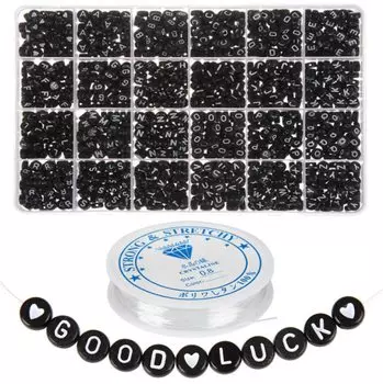 Бусины алфавита BetterJonny, 1200 шт., черные бусины с буквами 7x4 мм с 1 рулоном эластичной нити, набор акриловых бусин с буквами для украшений, детских поделок, имя