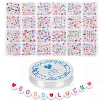 Бусины алфавита BetterJonny 1200 штук, цветные бусины с буквами 7x4 мм с 1 рулоном эластичной нити, набор акриловых бусин с буквами для изготовления украшений для детей