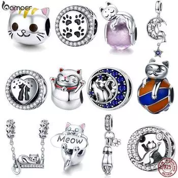 Бусины Bamoer Cat серии из стерлингового серебра 925 пробы, бусины с изображением спящего ленивого кота и лунной истории, киска в виде животных L
