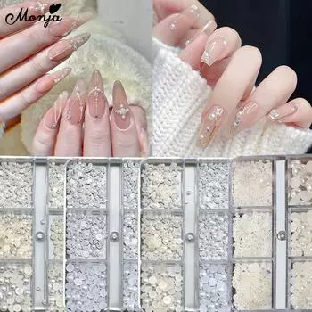 Бусины для ногтей Monja 3D, стразы, жемчужины, смешанный размер, полукруглые, с плоской основой, блестящие, искусственные жемчужины, украшения для ногтей, украшения для маникюра своими руками