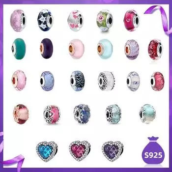 Бусины из муранского стекла подходят для оригинальных браслетов S925, серебряные круглые подвески, блестящие синие, розовые, зеленые подвески, DIY ювелирные изделия
