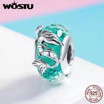 Бусины из стерлингового серебра 925 пробы WOSTU из муранского стекла с зелеными кристаллами подходят для оригинального браслета HCC2254