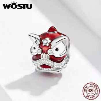 Бусины WOSTU Red Lion Dance из 100% стерлингового серебра 925 пробы с цирконом, подходят для оригинального браслета-подвески HHC086