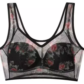 Бюстгальтер больших размеров для женщин, бесшовное нижнее белье, беспроводной бюстгальтер пуш-ап с цветком, прозрачное нижнее белье, полная чашка, тонкая чашка, бюстгальтеры, сексуальный бюстгальтер без косточек L чёрный