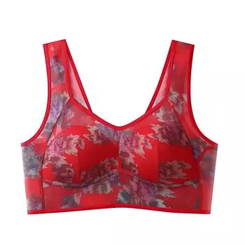 Бюстгальтер больших размеров для женщин, бесшовное нижнее белье, беспроводной бюстгальтер пуш-ап с цветком, прозрачное нижнее белье, полная чашка, тонкая чашка, бюстгальтеры, сексуальный бюстгальтер без косточек L красный