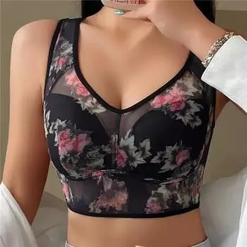 Бюстгальтер больших размеров для женщин, бесшовное нижнее белье, беспроводной бюстгальтер пуш-ап с цветком, прозрачное нижнее белье, полная чашка, тонкая чашка, бюстгальтеры, сексуальный бюстгальтер без косточек L чёрный